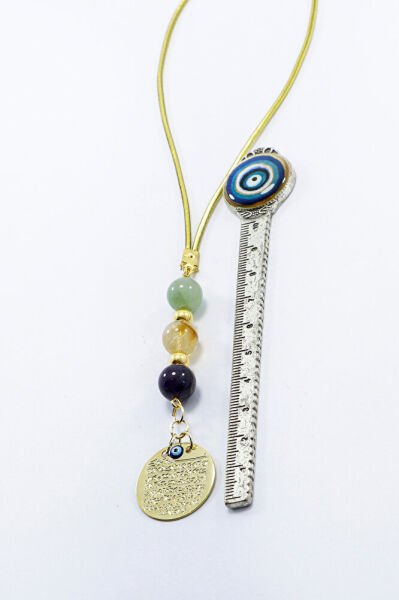 Metal Gold Renkli Ayetel Kürsi Dualı Araba Dikiz Ayna Süsü, Doğaltaş Ametist, Sitrin Taşı, Aventurin