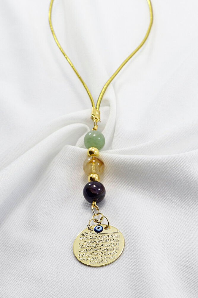 Metal Gold Renkli Ayetel Kürsi Dualı Araba Dikiz Ayna Süsü, Doğaltaş Ametist, Sitrin Taşı, Aventurin