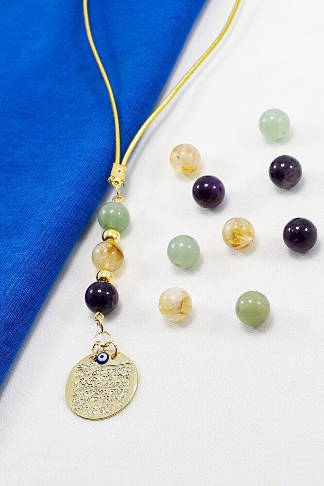 Metal Gold Renkli Ayetel Kürsi Dualı Araba Dikiz Ayna Süsü, Doğaltaş Ametist, Sitrin Taşı, Aventurin