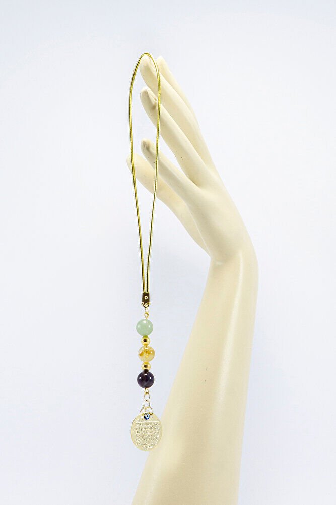 Metal Gold Renkli Ayetel Kürsi Dualı Araba Dikiz Ayna Süsü, Doğaltaş Ametist, Sitrin Taşı, Aventurin