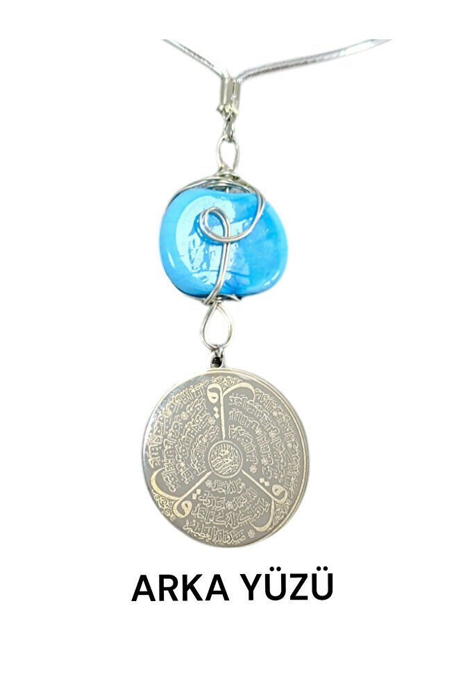 Mavi Sarma Dana Gözlü Gümüş Renk Çelik Çift Taraflı Ayetel Kürsi Felak Nas Ihlas Dikiz Ayna Süsü