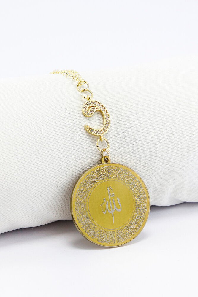 Zirkon Vav 316L Çelik Ayetel Kürsi Nazar Ayeti Zincirli Araba Dikiz Ayna Süsü Gold Renkli