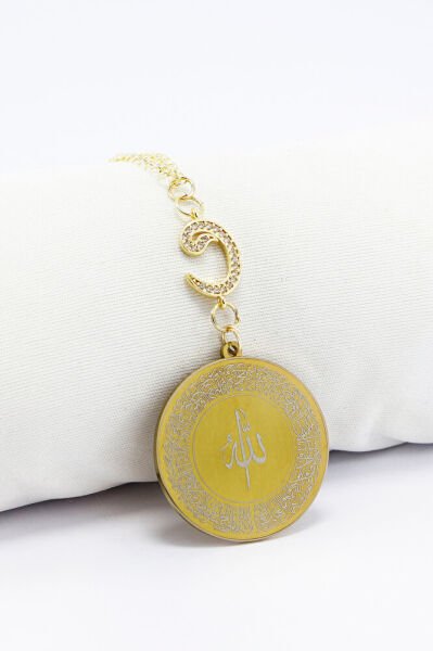 Zirkon Vav 316L Çelik Ayetel Kürsi Nazar Ayeti Zincirli Araba Dikiz Ayna Süsü Gold Renkli