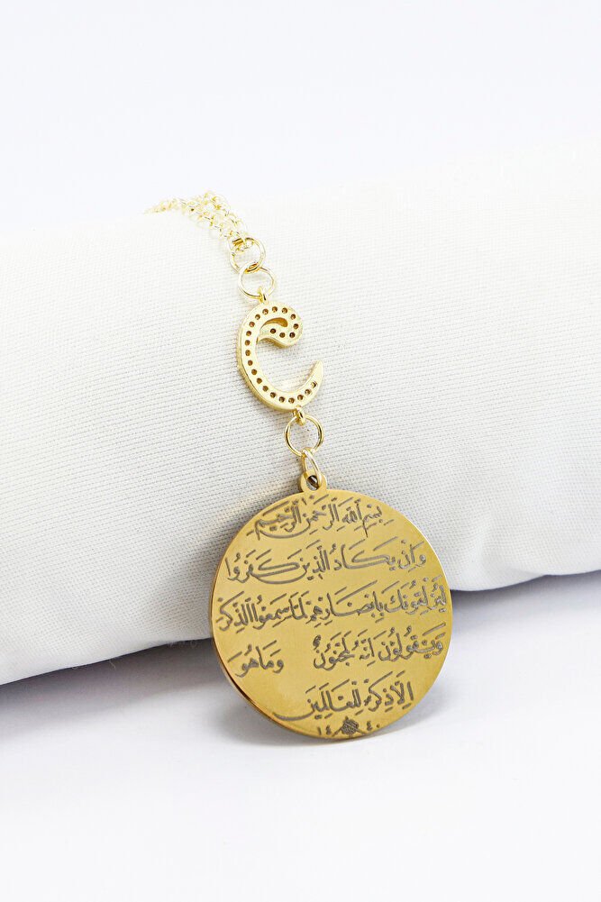 Zirkon Vav 316L Çelik Ayetel Kürsi Nazar Ayeti Zincirli Araba Dikiz Ayna Süsü Gold Renkli