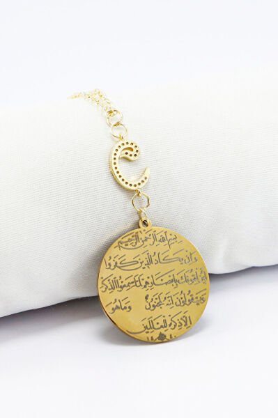 Zirkon Vav 316L Çelik Ayetel Kürsi Nazar Ayeti Zincirli Araba Dikiz Ayna Süsü Gold Renkli