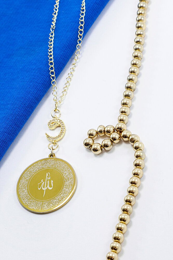 Zirkon Vav 316L Çelik Ayetel Kürsi Nazar Ayeti Zincirli Araba Dikiz Ayna Süsü Gold Renkli