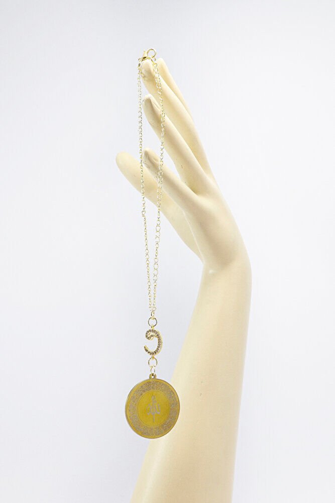 Zirkon Vav 316L Çelik Ayetel Kürsi Nazar Ayeti Zincirli Araba Dikiz Ayna Süsü Gold Renkli