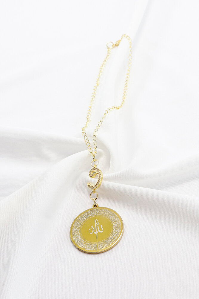 Zirkon Vav 316L Çelik Ayetel Kürsi Nazar Ayeti Zincirli Araba Dikiz Ayna Süsü Gold Renkli