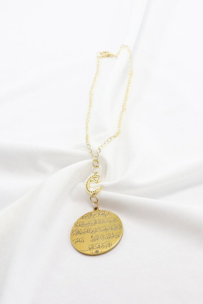 Zirkon Vav 316L Çelik Ayetel Kürsi Nazar Ayeti Zincirli Araba Dikiz Ayna Süsü Gold Renkli