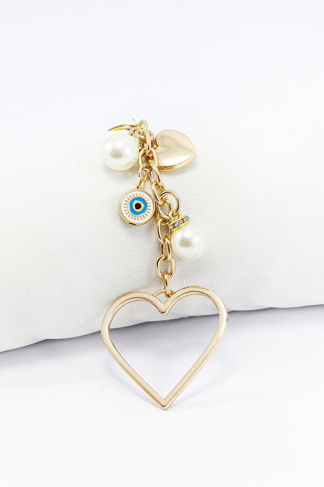 Gold Renkli Metal Kalp Anahtarlık, Nazar Boncuklu Çanta Süsü