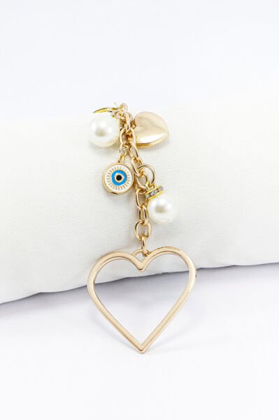 Gold Renkli Metal Kalp Anahtarlık, Nazar Boncuklu Çanta Süsü