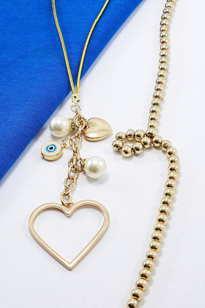 Gold Renkli Metal Kalp Anahtarlık, Nazar Boncuklu Çanta Süsü