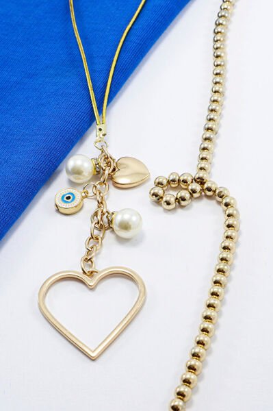 Gold Renkli Metal Kalp Anahtarlık, Nazar Boncuklu Çanta Süsü