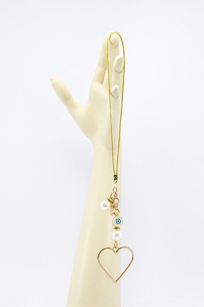 Gold Renkli Metal Kalp Anahtarlık, Nazar Boncuklu Çanta Süsü