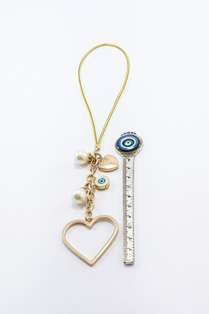 Gold Renkli Metal Kalp Anahtarlık, Nazar Boncuklu Çanta Süsü