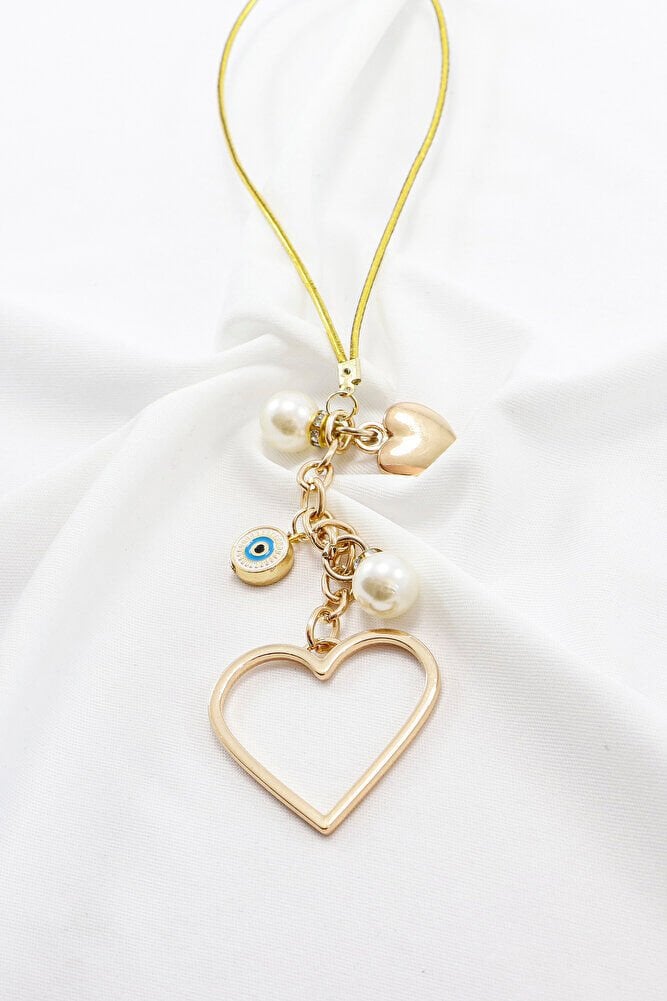 Gold Renkli Metal Kalp Anahtarlık, Nazar Boncuklu Çanta Süsü