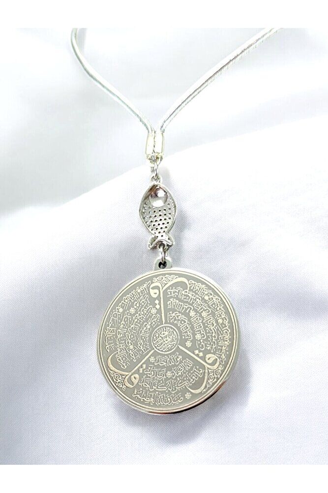 Zirkon Balık Gümüş Renk Çelik Çift Taraflı Ayetel Kürsi Felak Nas Ihlas Araba Dikiz Ayna Süsü