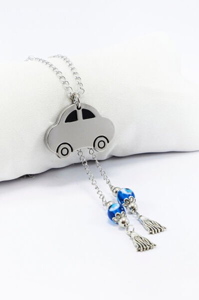 Gümüş Renkli Püsküllü Turkuaz Nazar Boncuklu Metal Araba Dikiz Ayna Süsü