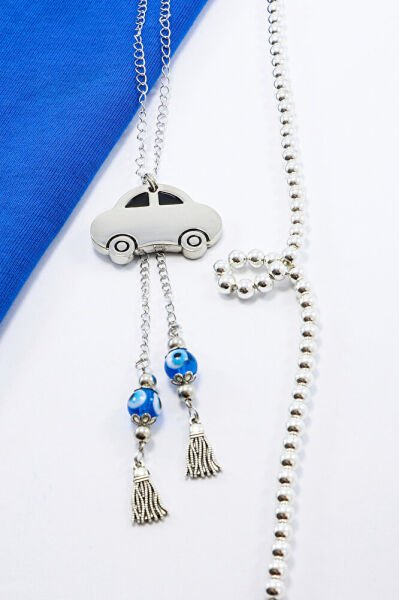 Gümüş Renkli Püsküllü Turkuaz Nazar Boncuklu Metal Araba Dikiz Ayna Süsü