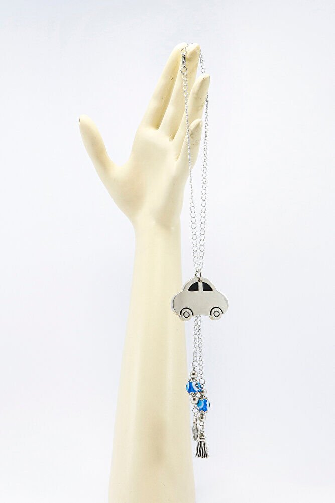 Gümüş Renkli Püsküllü Turkuaz Nazar Boncuklu Metal Araba Dikiz Ayna Süsü