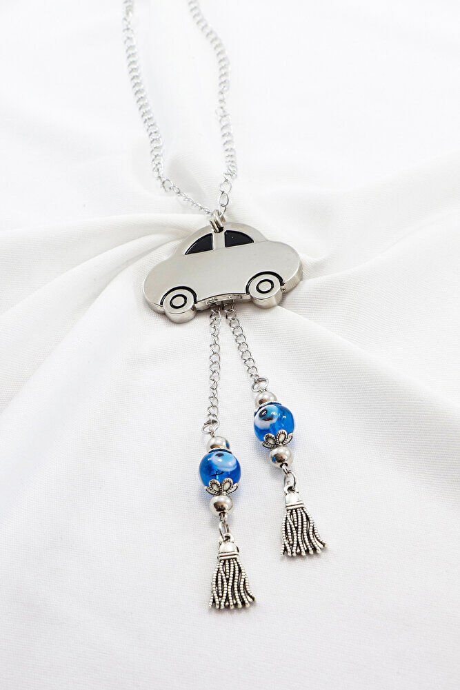 Gümüş Renkli Püsküllü Turkuaz Nazar Boncuklu Metal Araba Dikiz Ayna Süsü