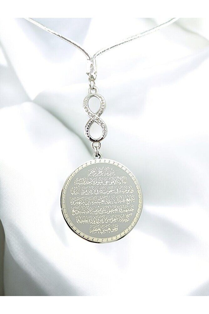 Parlak Taşlı Gümüş Renk Çelik Çift Taraflı Ayetel Kürsi/ Nazar Ayeti Araba Dikiz Ayna Süsü