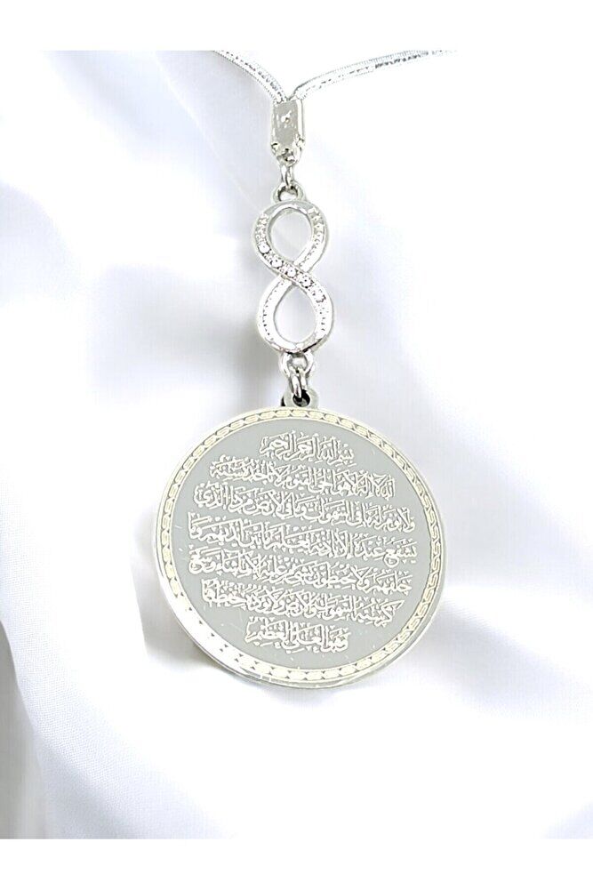 Parlak Taşlı Gümüş Renk Çelik Çift Taraflı Ayetel Kürsi/ Nazar Ayeti Araba Dikiz Ayna Süsü