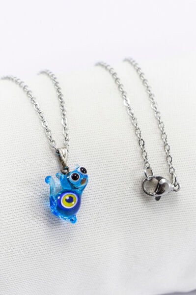 Paslanmaz Çelik Zincirli Nazarlı Cam Minik Sevimli Lacivert Kedicik Bijuteri Kolye, Hediyelik Kolye