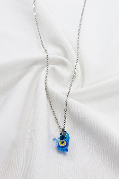 Paslanmaz Çelik Zincirli Nazarlı Cam Minik Sevimli Lacivert Kedicik Bijuteri Kolye, Hediyelik Kolye