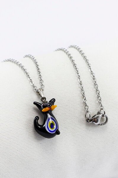 Paslanmaz Çelik Zincirli Nazarlı Cam Minik Sevimli Siyah Kedicik Bijuteri Kolye, Hediyelik Kolye