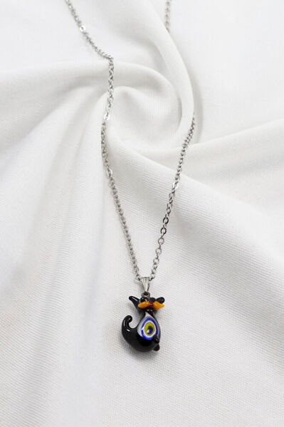 Paslanmaz Çelik Zincirli Nazarlı Cam Minik Sevimli Siyah Kedicik Bijuteri Kolye, Hediyelik Kolye