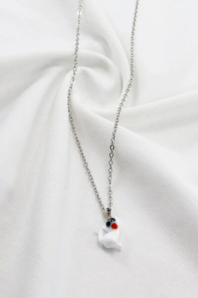 Paslanmaz Çelik Zincirli Nazarlı Cam Minik Sevimli Beyaz Kedicik Bijuteri Kolye, Hediyelik Kolye