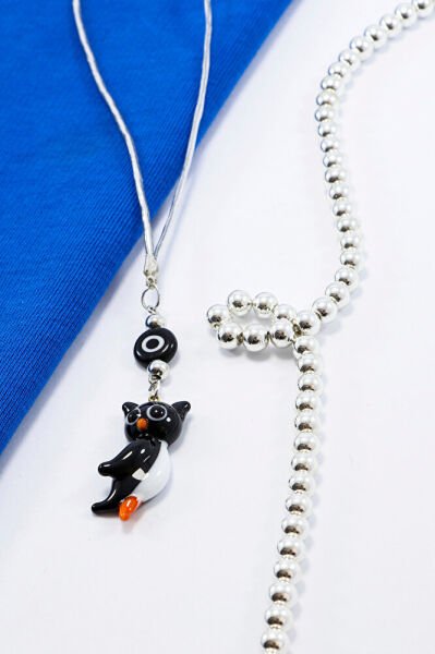 El Yapımı Murano Cam Siyah Baykuş Araba Dikiz Ayna Süsü, Siyah Beyaz cam Nazar Boncuklu