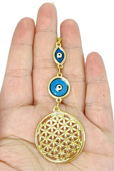 Nazar Boncuklu Gold Metal Lotus Çiçeği Araba Dikiz Ayna Süsü/Elips Mineli Yeni Araba Hediyesi