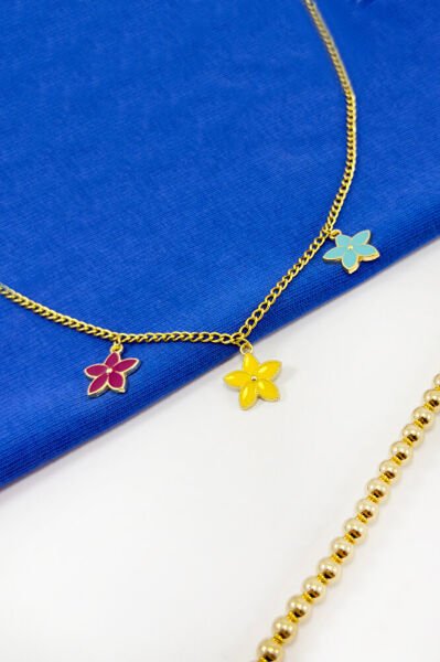 Renkli Lotus Çiçekli Bijuteri Kolye, Hediyelik Kolye (45cm)