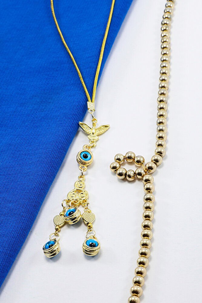 Anka Kuşu Çoklu Nazar Boncuğu Araba Dikiz Ayna Süsü, Gold Renkli Yeni Araba Hediyesi