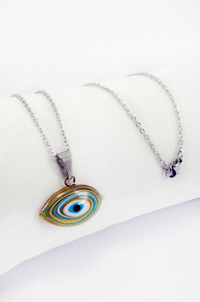 Paslanmaz Çelik Zincirli El Yapımı Elips Nazar Gözlü Kolye, Hediyelik Kolye (60cm)