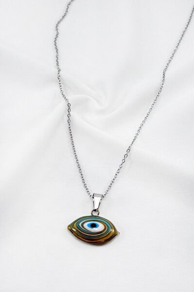 Paslanmaz Çelik Zincirli El Yapımı Elips Nazar Gözlü Kolye, Hediyelik Kolye (60cm)