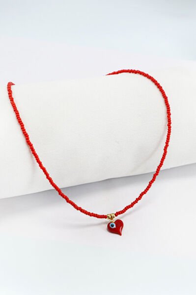 Kırmızı Kum Boncuklu Cam Kalpli Nazar Bijuteri Kolye, Hediyelik Kolye