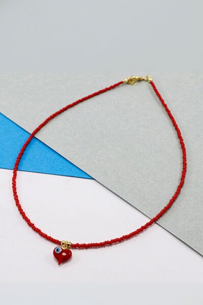 Kırmızı Kum Boncuklu Cam Kalpli Nazar Bijuteri Kolye, Hediyelik Kolye