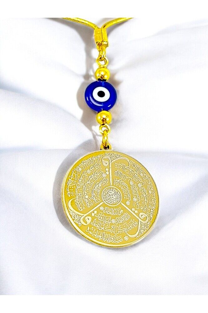 Flat Evil Eye Detailed Gold Colored Steel Double-Sided Ayetel Kursi, Felak Nas Ihlas Rearview Mirror Ornament