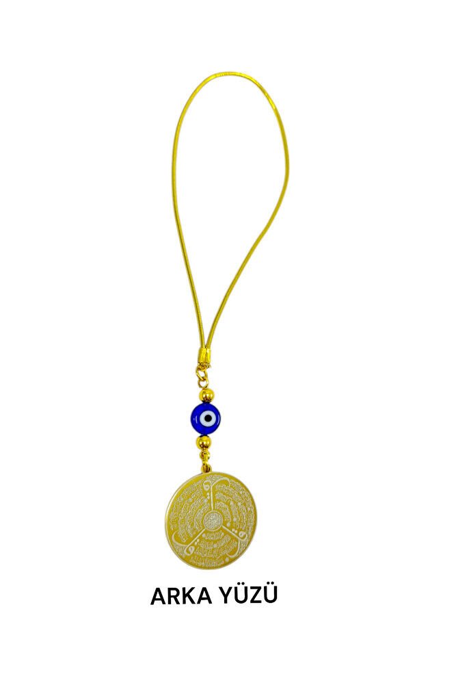 Flat Evil Eye Detailed Gold Colored Steel Double-Sided Ayetel Kursi, Felak Nas Ihlas Rearview Mirror Ornament