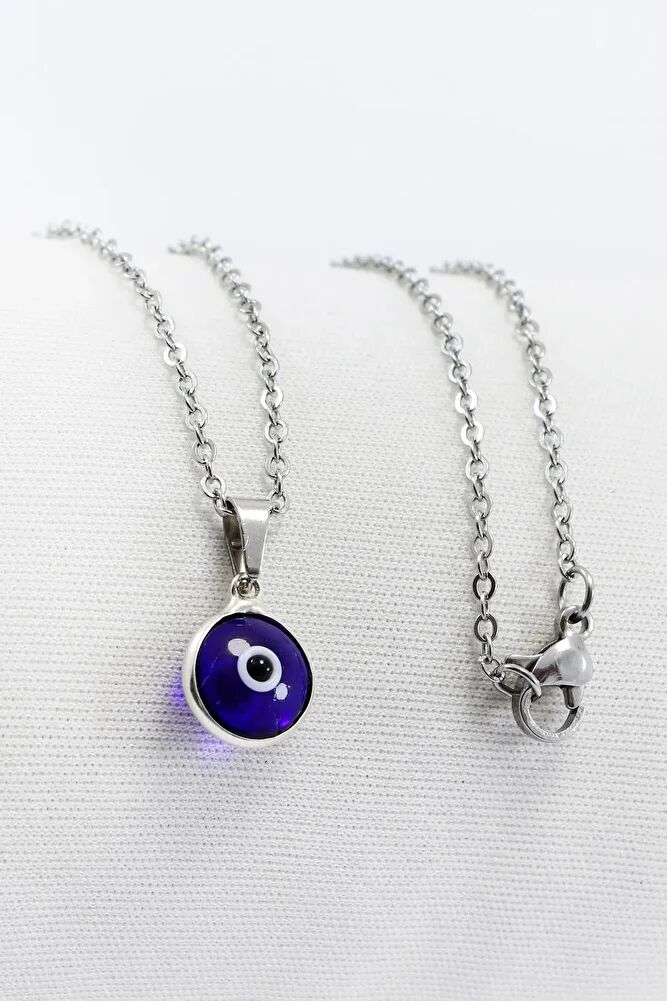 Framed Dark Blue Evil Eye Beaded Bijouterie Necklace (Steel Chain 60 cm), Silver Color