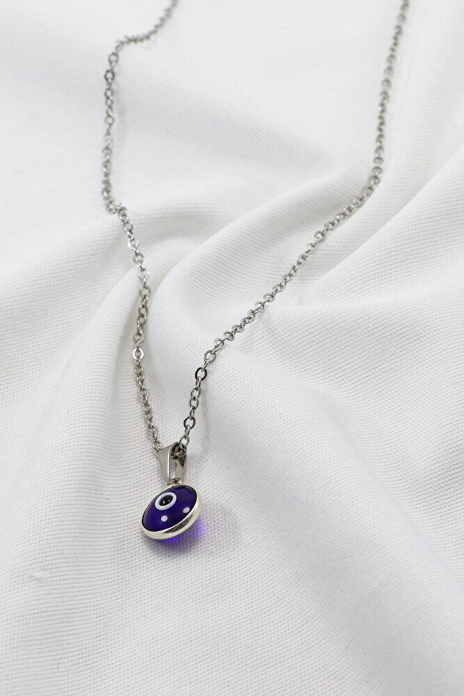 Framed Dark Blue Evil Eye Beaded Bijouterie Necklace (Steel Chain 60 cm), Silver Color