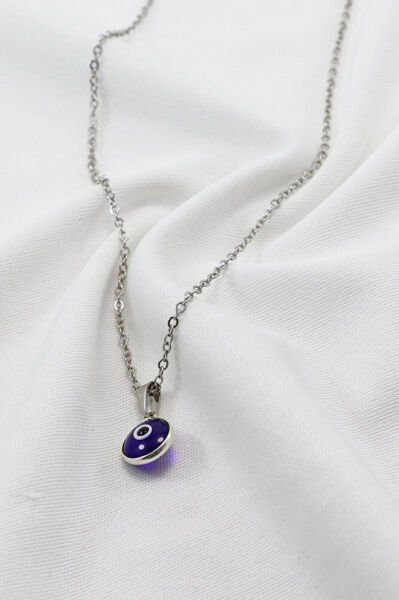 Çerçeveli Koyu Lacivert Nazar Boncuklu Bijuteri Kolye (Çelik Zincir 60 cm), Gümüş Renkli