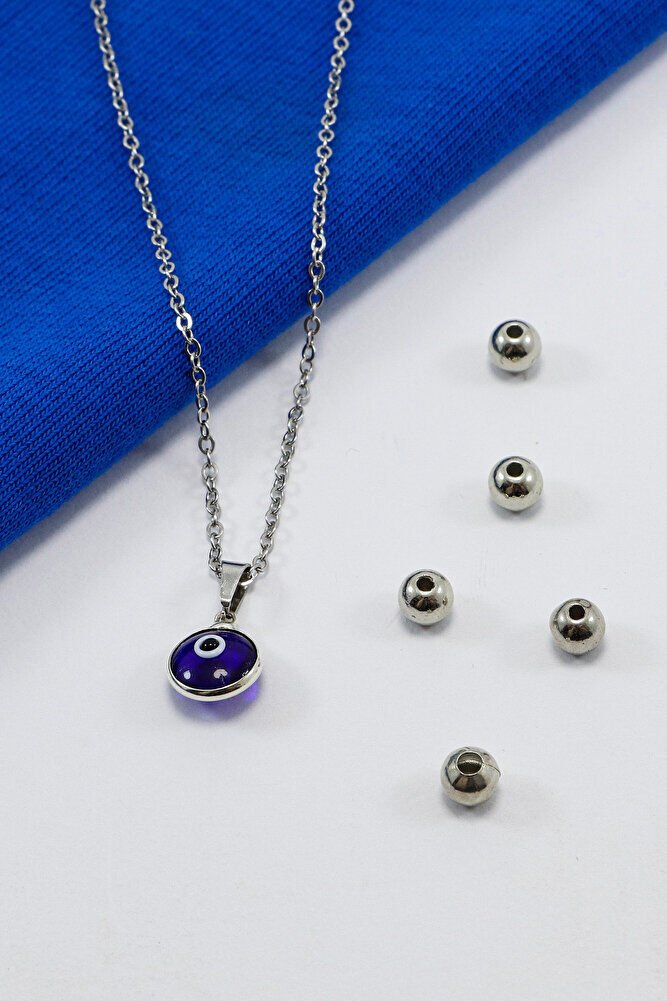 Framed Dark Blue Evil Eye Beaded Bijouterie Necklace (Steel Chain 60 cm), Silver Color