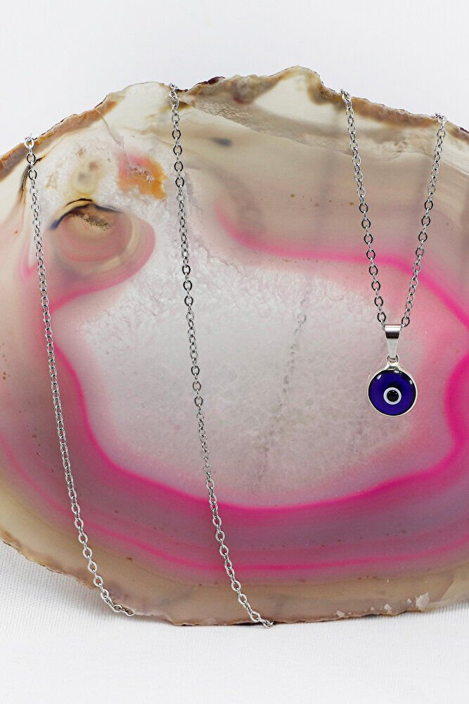 Framed Dark Blue Evil Eye Beaded Bijouterie Necklace (Steel Chain 60 cm), Silver Color