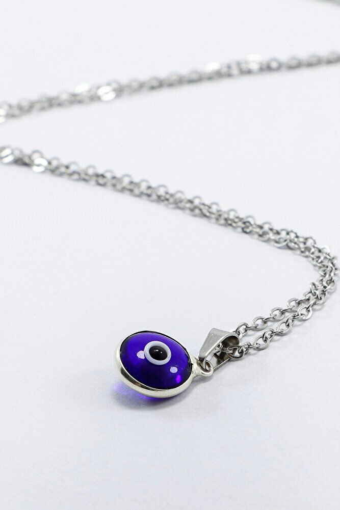 Framed Dark Blue Evil Eye Beaded Bijouterie Necklace (Steel Chain 60 cm), Silver Color