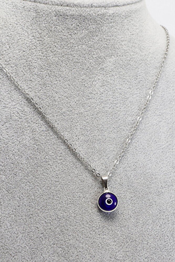 Framed Dark Blue Evil Eye Beaded Bijouterie Necklace (Steel Chain 60 cm), Silver Color