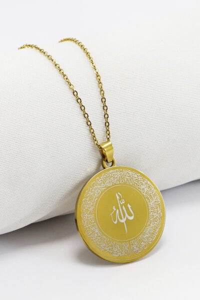 Gold Renkli Çelik Kolye Lazer Kazıma Ön Yüzde Allah Lafzı Ayetel Kürsi Arkada Felak Nas İhlas
